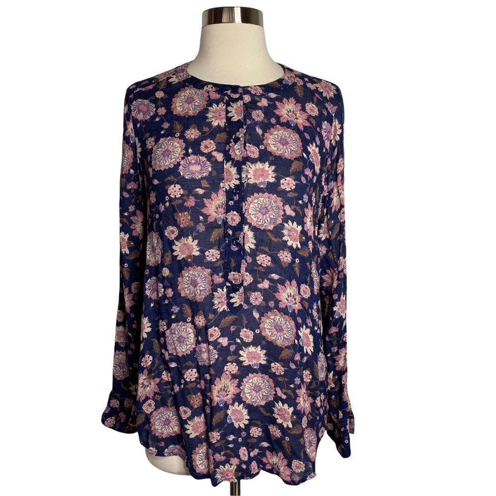Lucky Brand Womens Floral Blouse Size Small Navy Blue Pink Long Sleeve